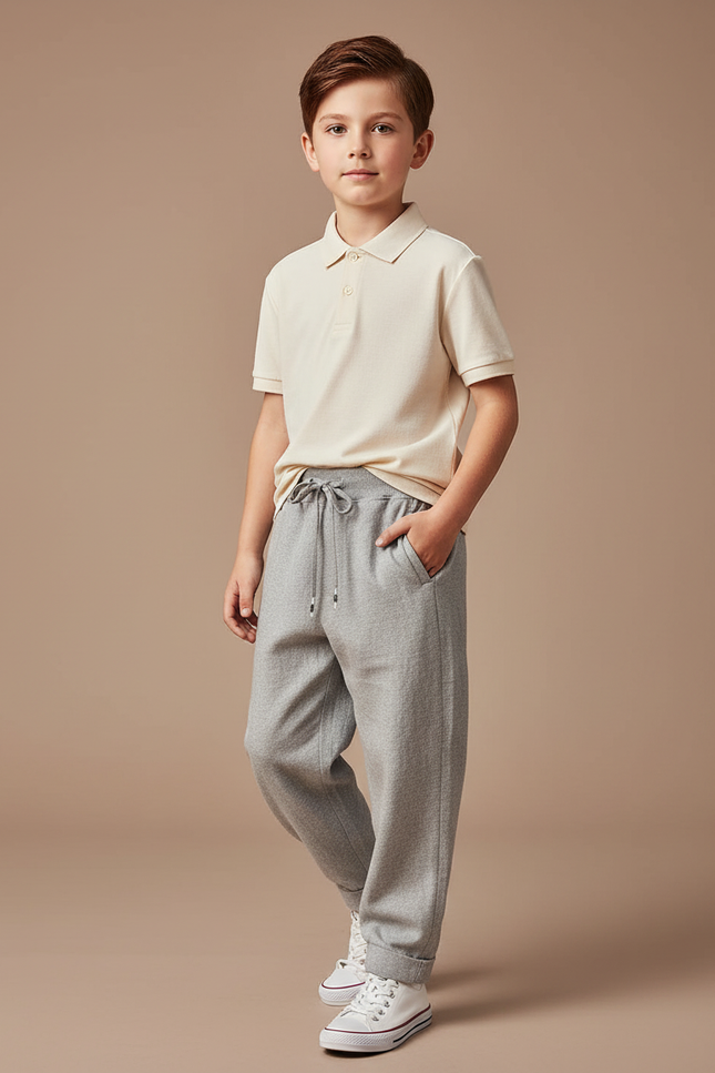 Pantalon Baggy Gris Chiné Cordon Décontracté Garçon - Molleton