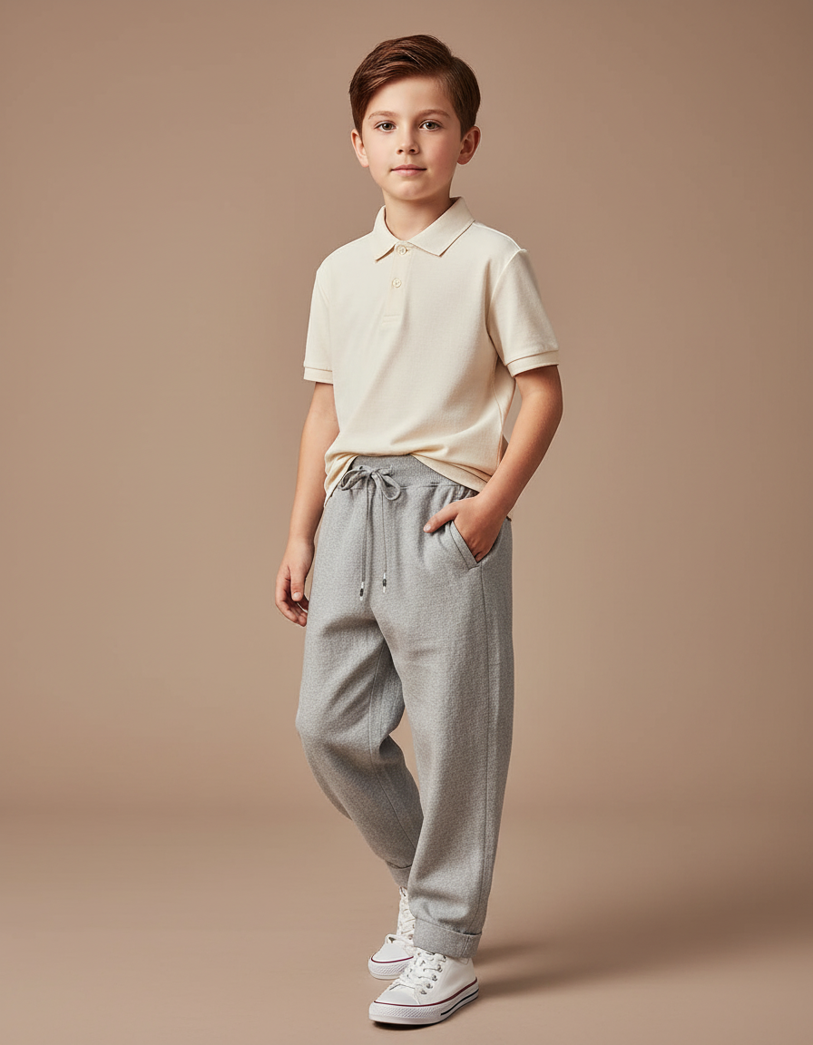 Pantalon Baggy Gris Chiné Cordon Décontracté Garçon - Molleton