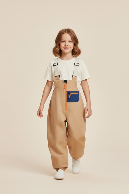 Pantalon Baggy Beige Bretelles Imperméable Enfant Hiver - Gabardine