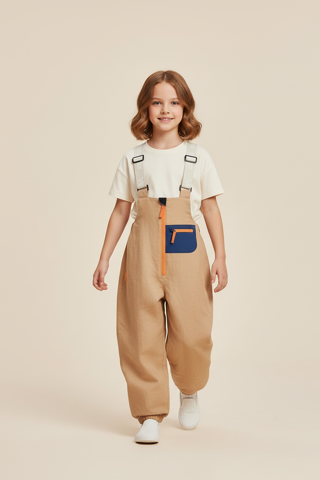 Pantalon Baggy Beige Bretelles Imperméable Enfant Hiver - Gabardine