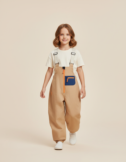 Pantalon Baggy Beige Bretelles Imperméable Enfant Hiver - Gabardine