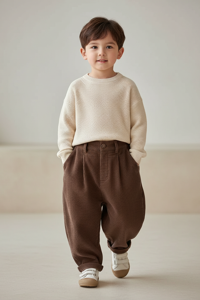 Pantalon Baggy Marron Côtelé Plissé Décontracté Enfant - Cordé