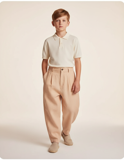 Pantalon Baggy Pli Lin Ample Garçon Pêche - Orange