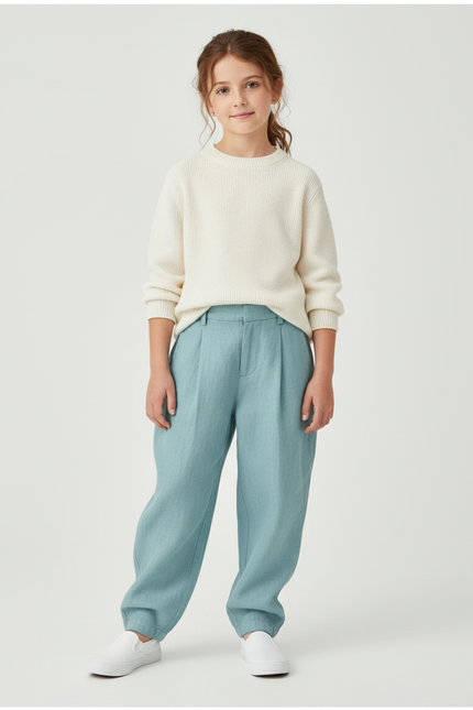 Pantalon Baggy Enfant Lin Plissé Bleu Clair