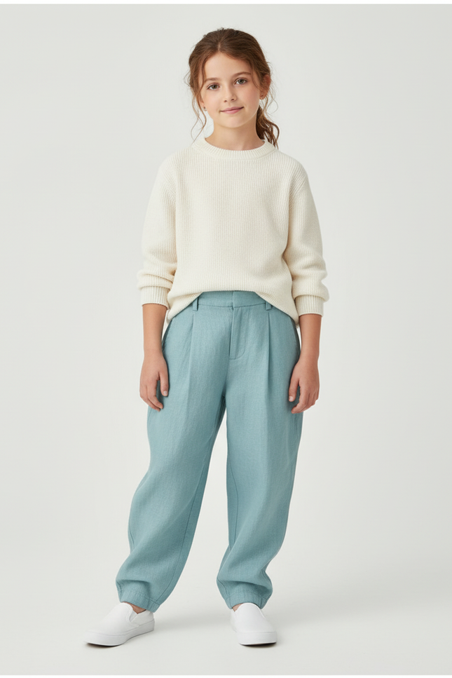 Pantalon Baggy Enfant Lin Plissé Bleu Clair