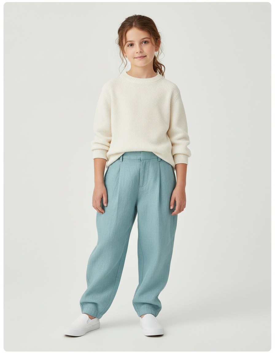 Pantalon Baggy Enfant Lin Plissé Bleu Clair