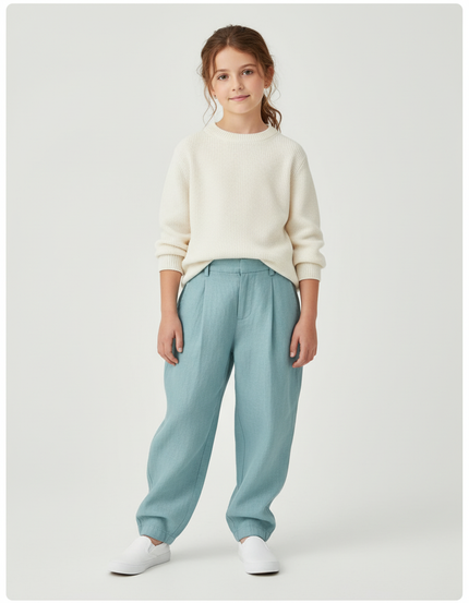 Pantalon Baggy Enfant Lin Plissé Bleu Clair