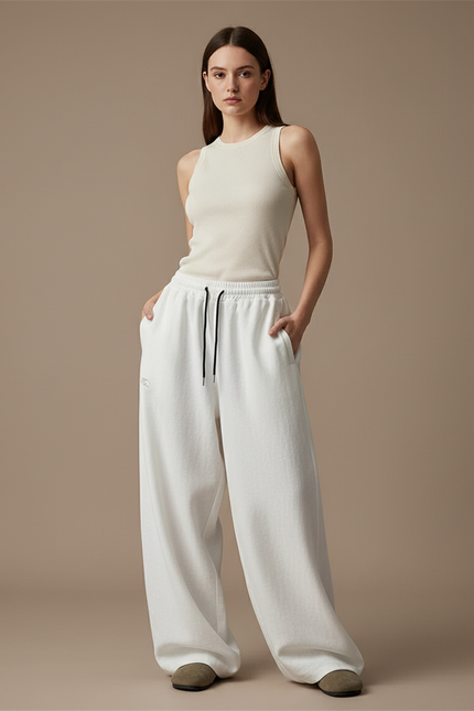Pantalon Baggy Blanc Ample Molleton Brodé Décontracté