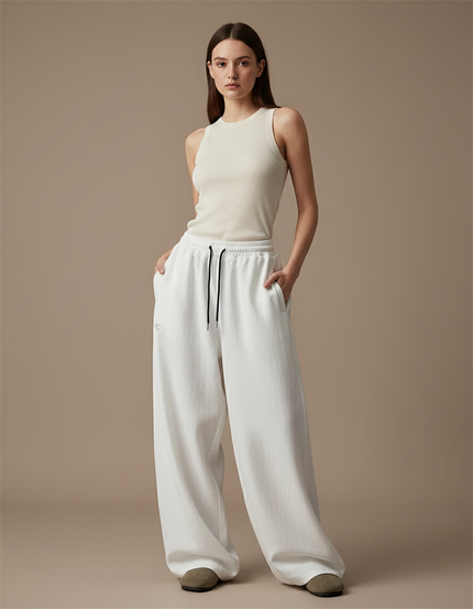 Pantalon Baggy Blanc Ample Molleton Brodé Décontracté