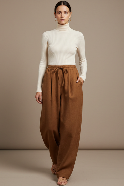Pantalon Baggy Marron Ample Taille Haute Lin