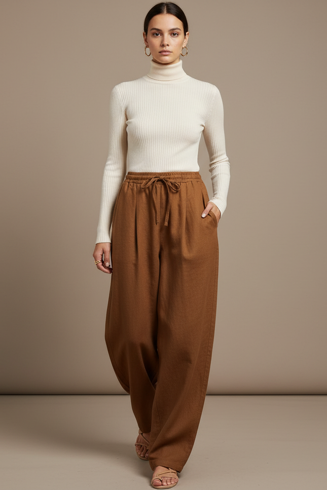 Pantalon Baggy Marron Ample Taille Haute Lin