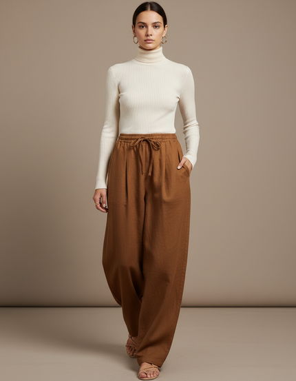 Pantalon Baggy Marron Ample Taille Haute Lin