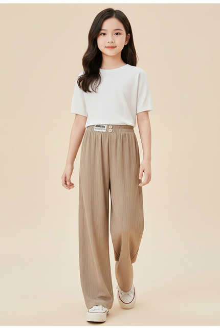 Pantalon Baggy Marron Ample Fluide Côtelé Enfant - Beige Maille