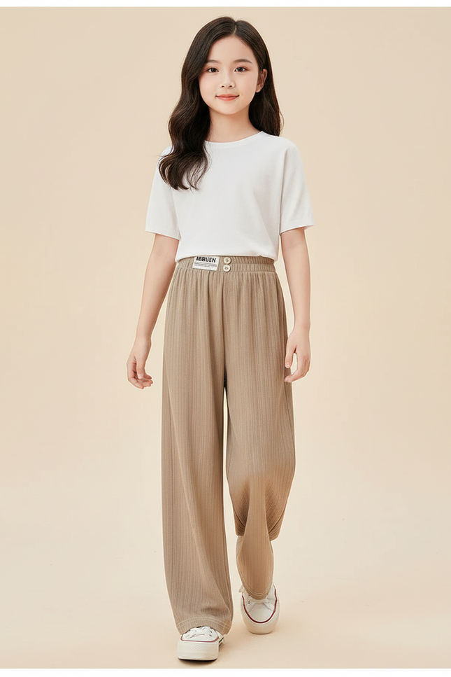 Pantalon Baggy Marron Ample Fluide Côtelé Enfant - Beige Maille
