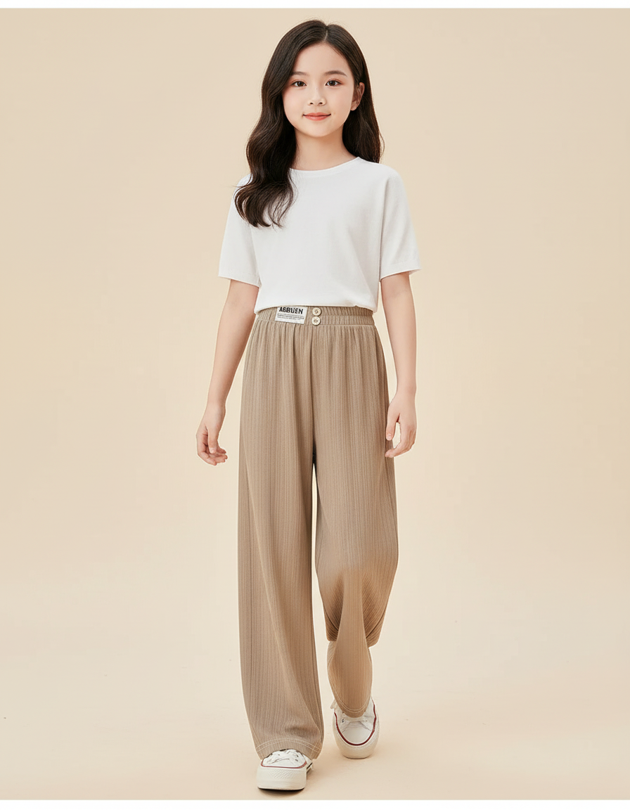 Pantalon Baggy Marron Ample Fluide Côtelé Enfant - Beige Maille