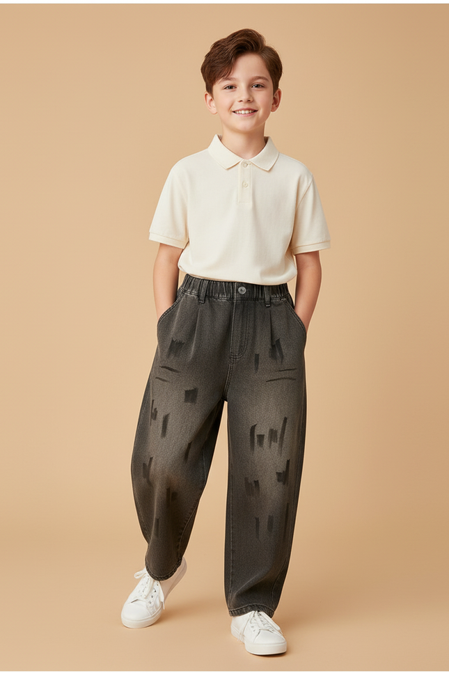 Pantalon Baggy Jean Gris Ample Dégradé Dessins