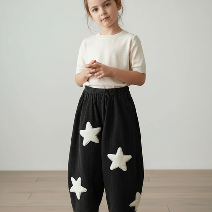 Pantalon Baggy Noir Côtelé Étoiles Ample Enfant - Cordé