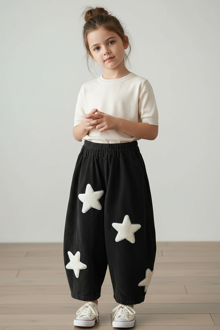 Pantalon Baggy Noir Côtelé Étoiles Ample Enfant - Cordé