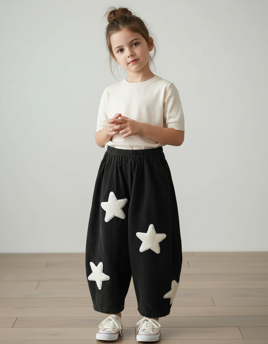 Pantalon Baggy Noir Côtelé Étoiles Ample Enfant - Cordé