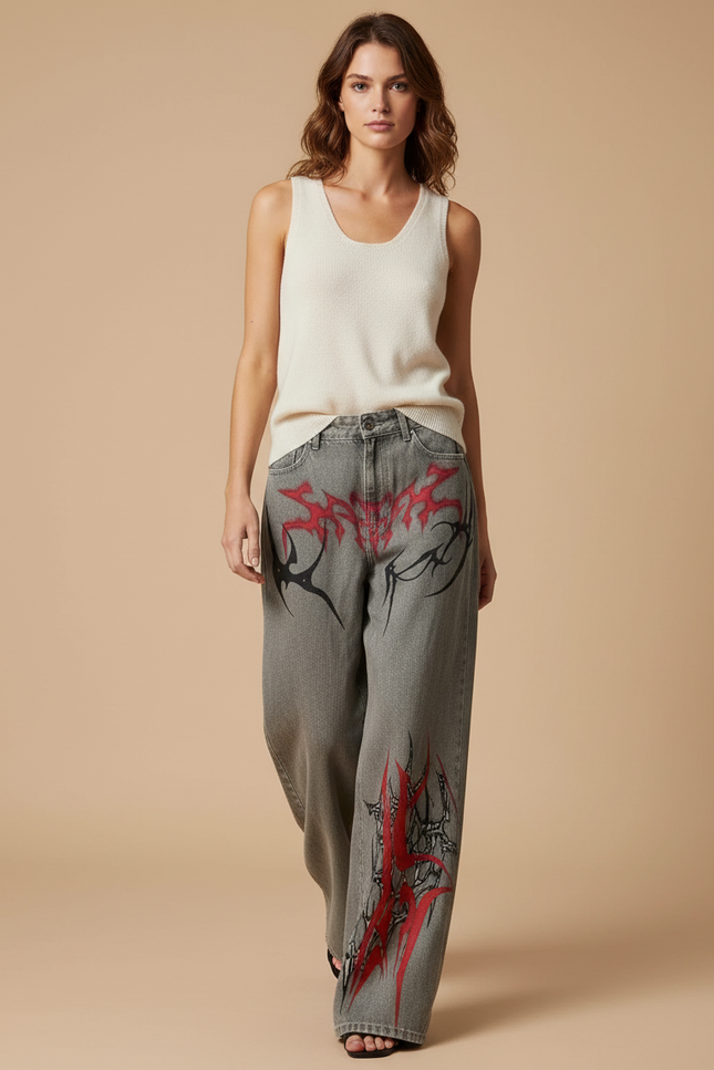 Pantalon Baggy Jean Gris Imprimé Tribal Rouge