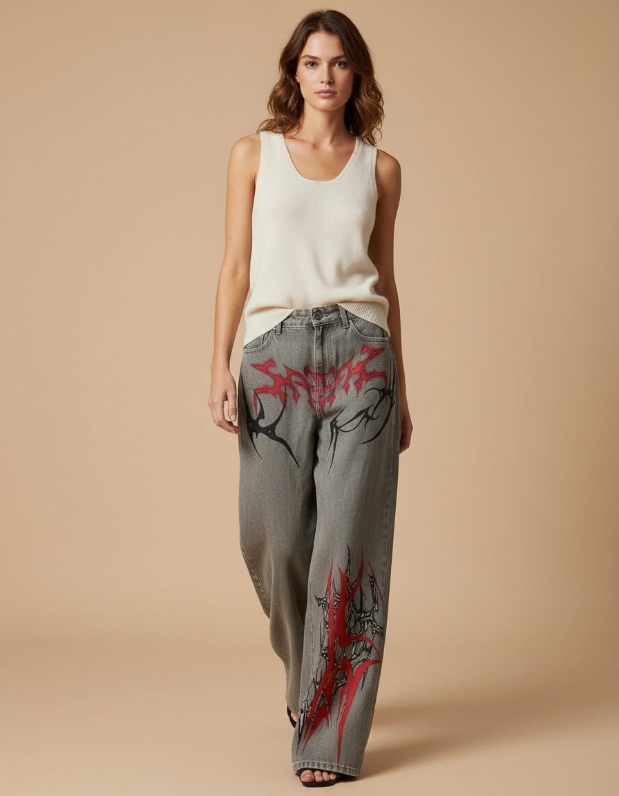 Pantalon Baggy Jean Gris Imprimé Tribal Rouge