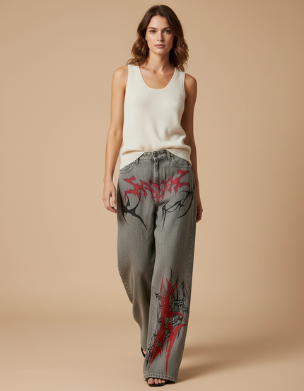 Pantalon Baggy Jean Gris Imprimé Tribal Rouge
