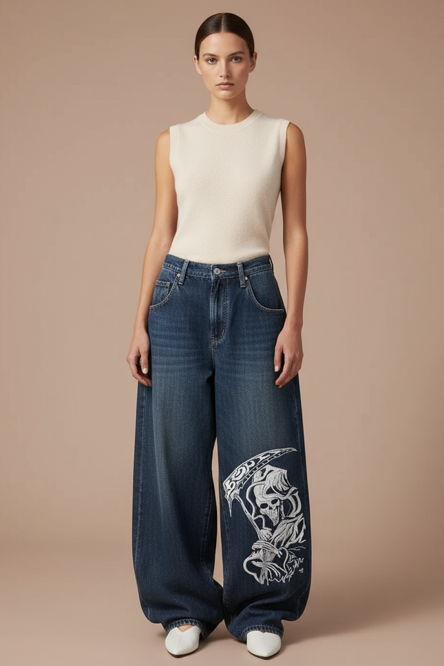 Pantalon Baggy Jean Bleu Ample Brodé Skull Femme