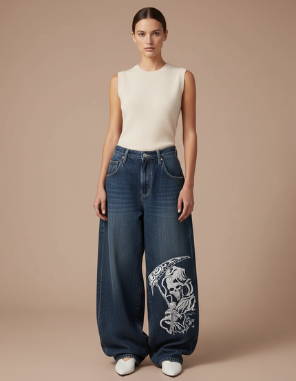 Pantalon Baggy Jean Bleu Ample Brodé Skull Femme