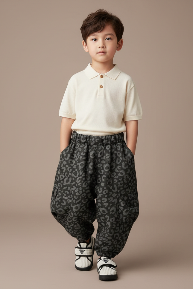 Pantalon Baggy Léopard Gris Noir Ample Hiver Garçon - Molleton
