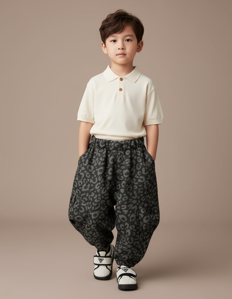 Pantalon Baggy Léopard Gris Noir Ample Hiver Garçon - Molleton