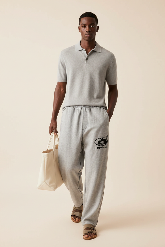 Pantalon Baggy Gris Molleton Brodé Ample Décontracté Homme
