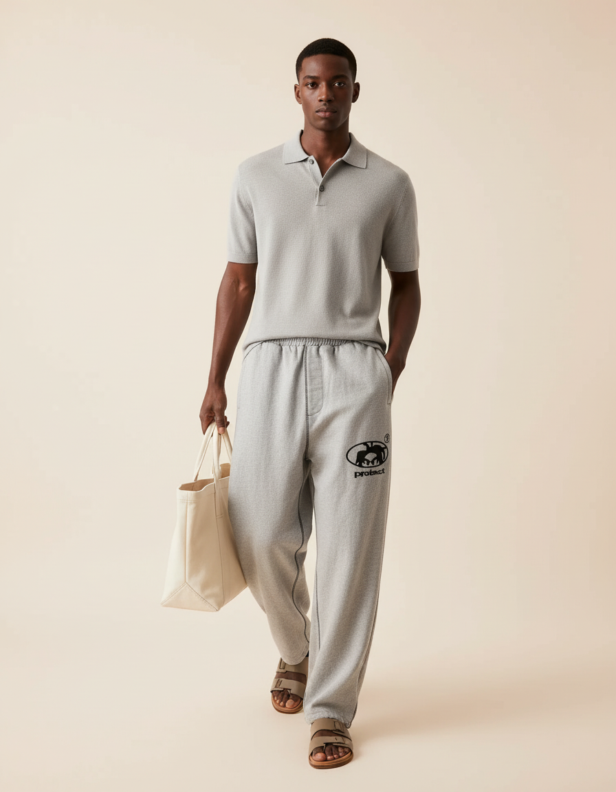 Pantalon Baggy Gris Molleton Brodé Ample Décontracté Homme