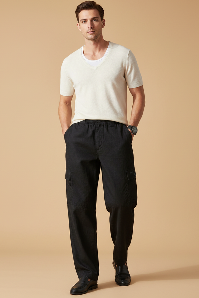 Pantalon Baggy Noir Coton Cargo Décontracté Homme