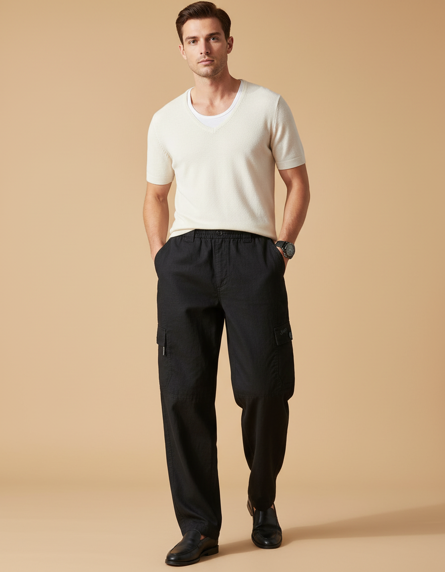 Pantalon Baggy Noir Coton Cargo Décontracté Homme