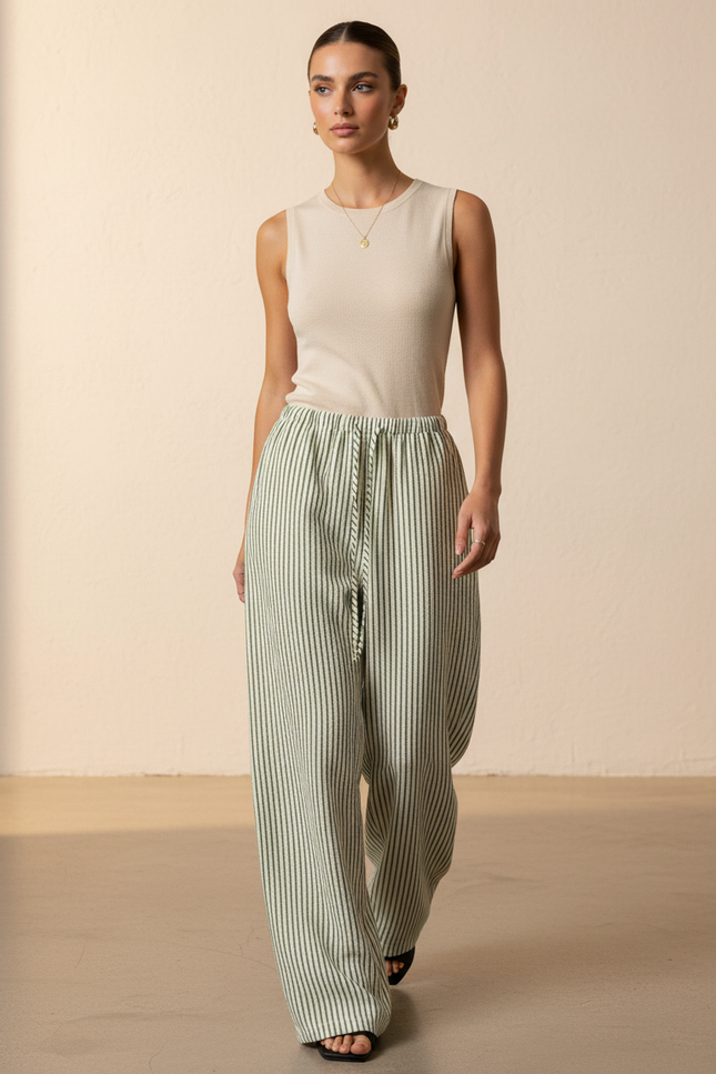 Pantalon Baggy Rayé Vert Ample Fluide Cordon Femme - Lin