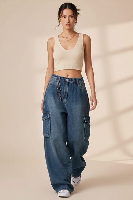 Pantalon Baggy Denim Bleu Cargo Ample Vintage Femme - Jean