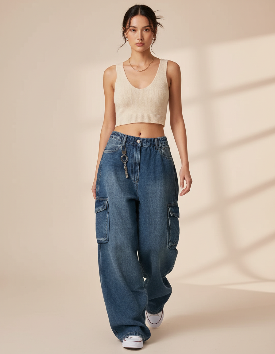Pantalon Baggy Denim Bleu Cargo Ample Vintage Femme - Jean