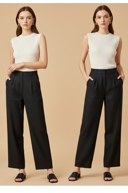 Pantalon Baggy Noir Plissé Ample Élégant Femme - Lin
