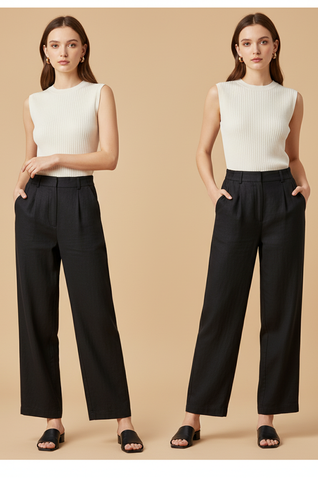 Pantalon Baggy Noir Plissé Ample Élégant Femme - Lin