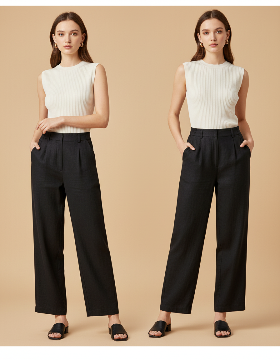 Pantalon Baggy Noir Plissé Ample Élégant Femme - Lin