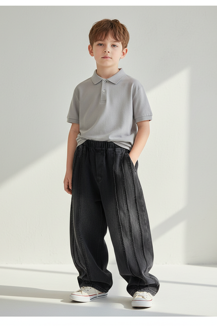 Pantalon Baggy Noir Denim Ample Côtelé Élastique Garçon - Jean