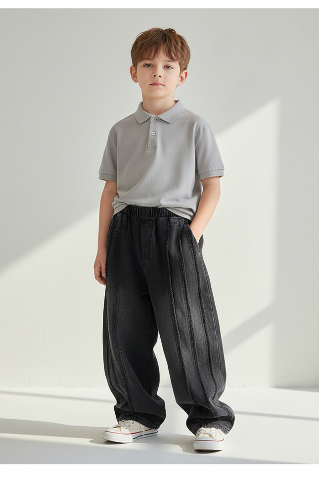 Pantalon Baggy Noir Denim Ample Côtelé Élastique Garçon - Jean