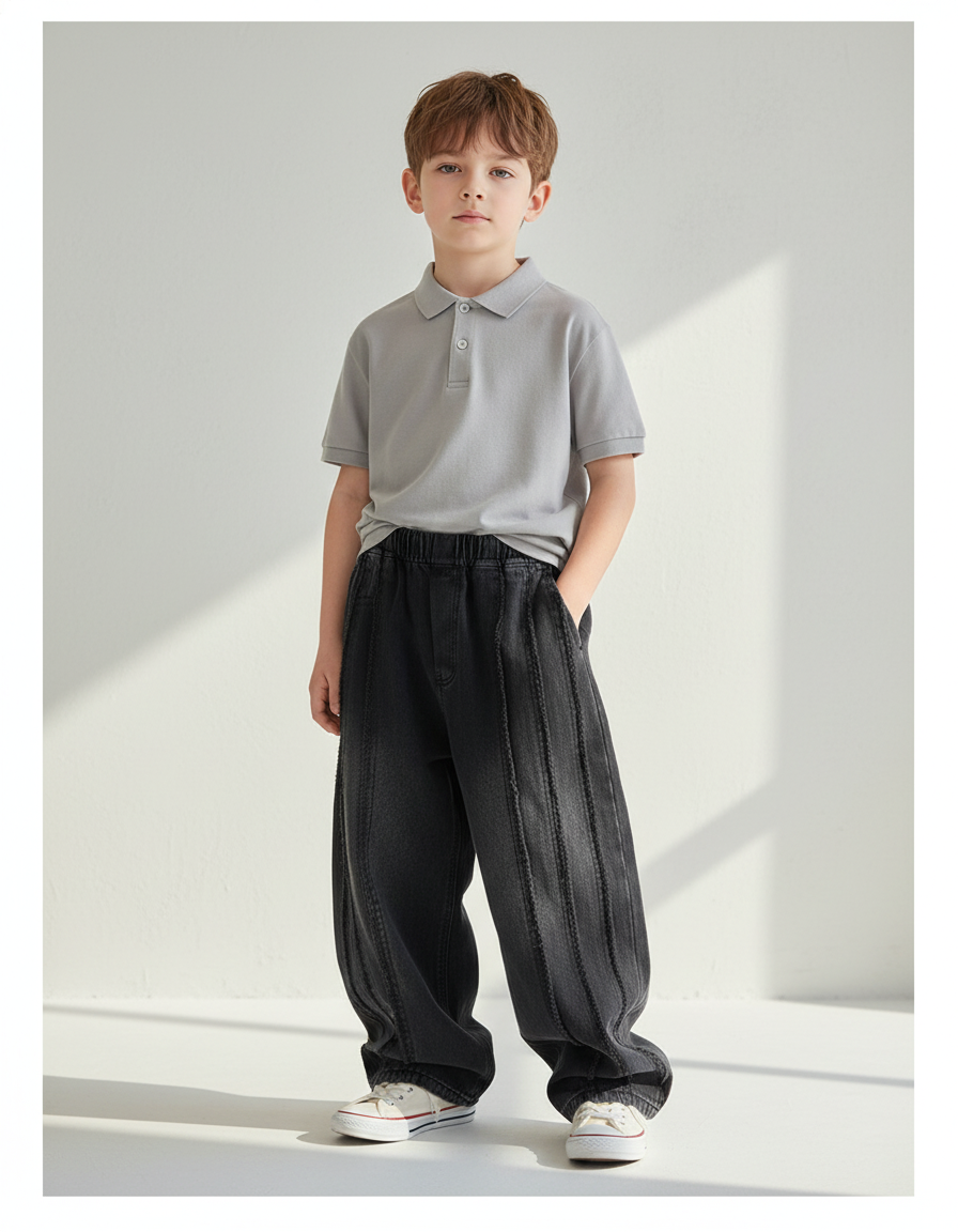 Pantalon Baggy Noir Denim Ample Côtelé Élastique Garçon - Jean