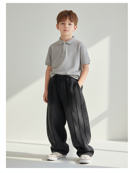 Pantalon Baggy Noir Denim Ample Côtelé Élastique Garçon - Jean