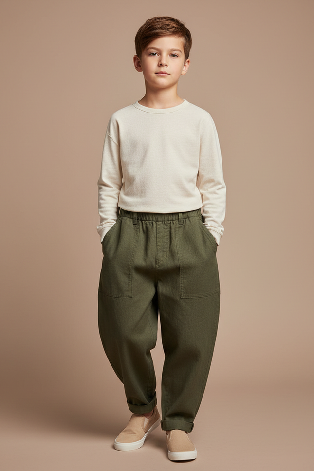 Pantalon Baggy Vert Kaki Coton Ample Enfant