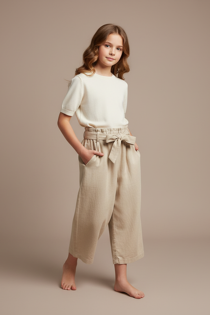 Pantalon Baggy Beige Coton Ample Ceinture Fille