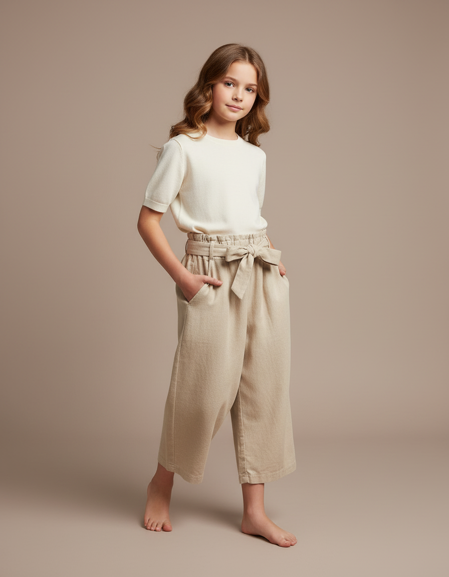 Pantalon Baggy Beige Coton Ample Ceinture Fille