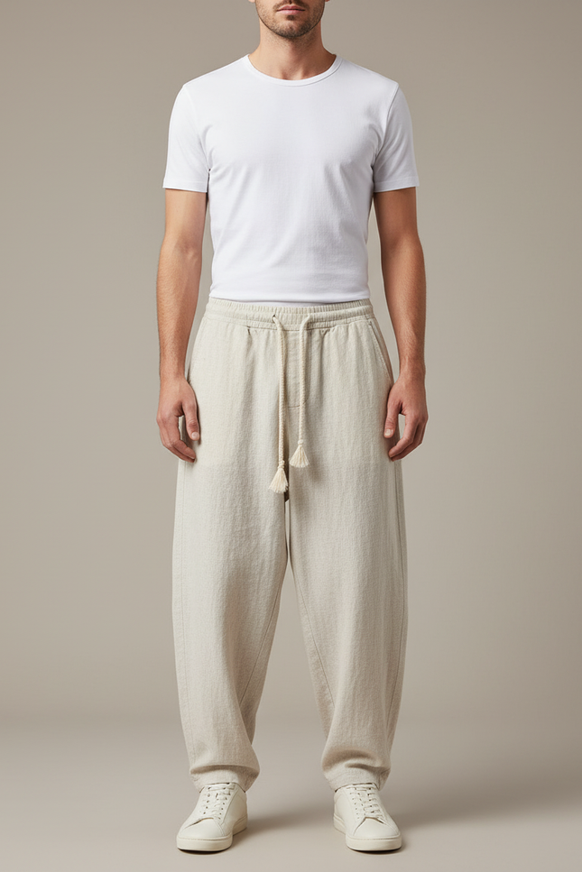 Pantalon Baggy Lin Ample Décontracté Beige Homme