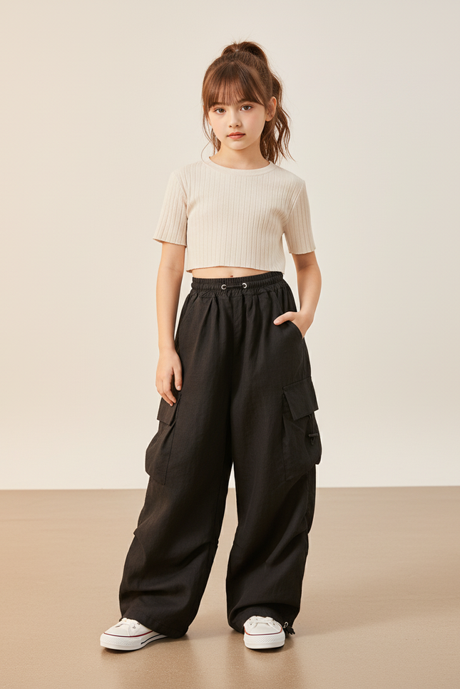 Pantalon Baggy Noir Ample Décontracté Cargo Enfant - Toile