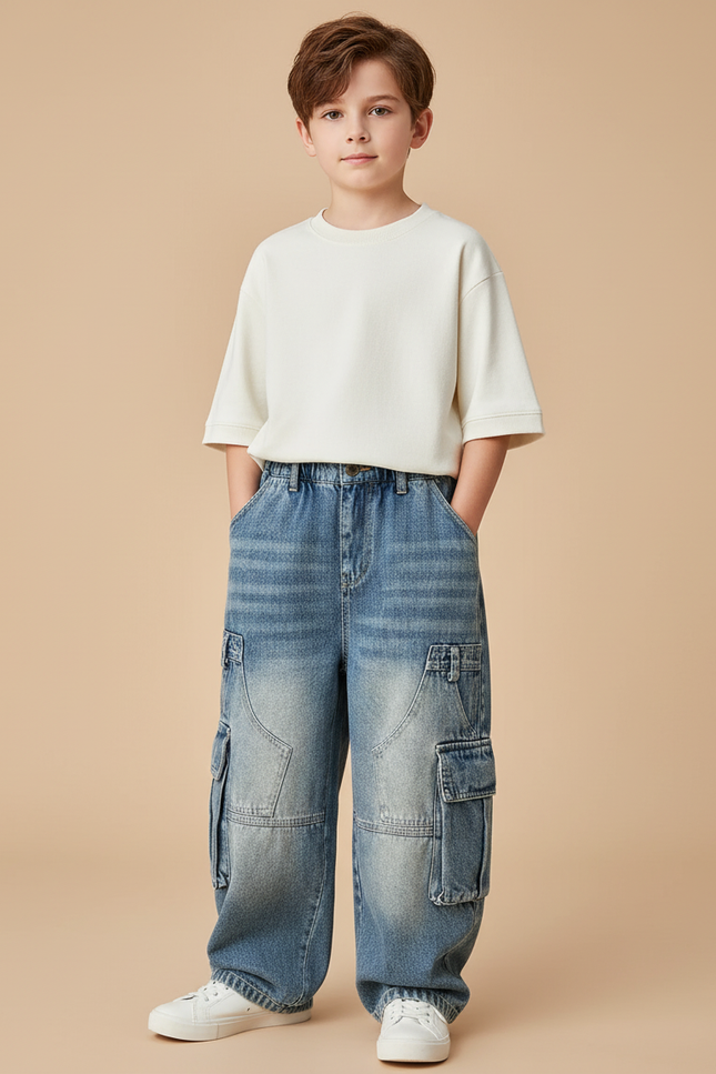 Pantalon Baggy Jean Bleu Délavé Cargo Ample Enfant